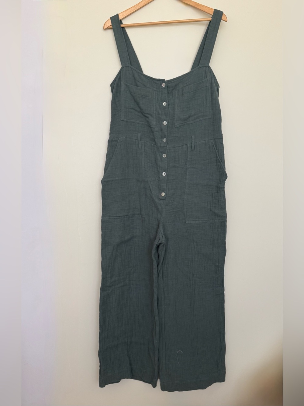 Zara 100% Cotton Muslin Teal Blue Green Button-Front Overalls Jumpsuit M NWOT